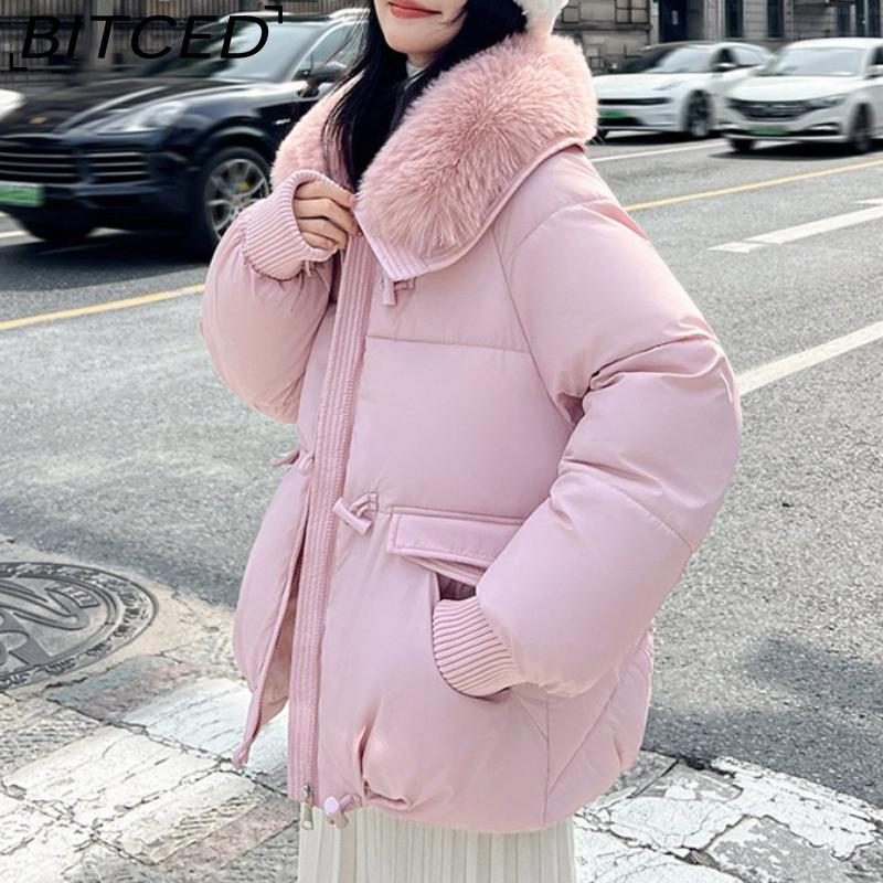 BITCED Women's Short Down-Filled Cotton Jacket with Oversized Fur Collar - Winter Fashion Coat