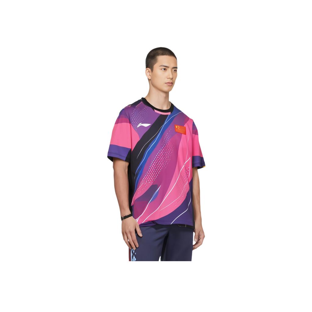 Li-Ning Color Block Printed Round Neck Short Sleeve Regular T-Shirt Men Tops Fluorescent-Lotus-Pink AAYT027-1