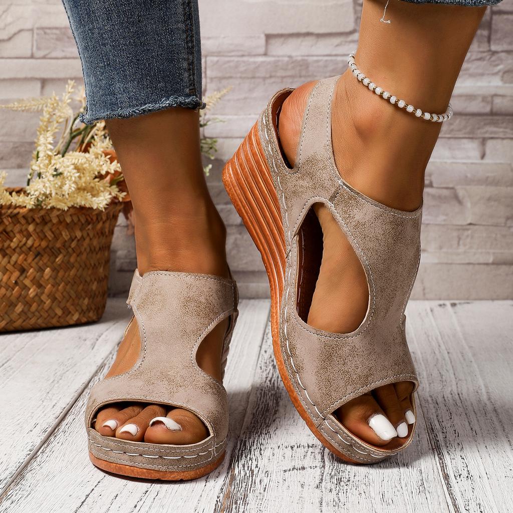 Summer Large-sized Sandals Women's Bikes Stitched Shoes Breathable Velcro Hollowed-out Wedge Heel Sandals