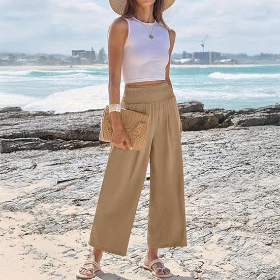 Casual Pants Anti-Wrinkle Elastic Waistband Long Pants with Pockets Pure Color Loose Fit Wide