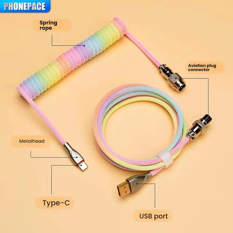 Mechanical Keyboard Coiled Cable with USB Type C Aviator Connector for Desktop Computer Gaming Setup Max 3 Meters Length