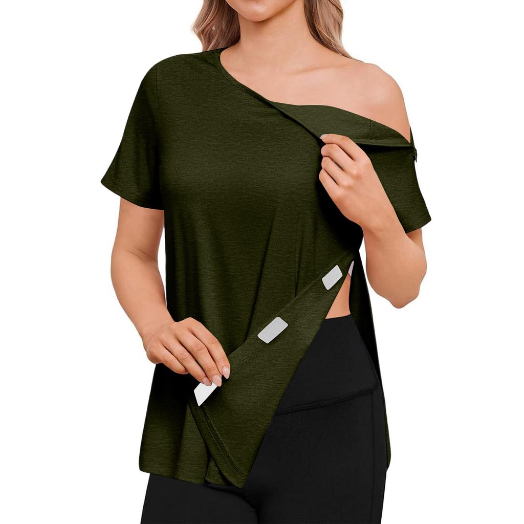 Women's Post-operative Short-sleeved Color Shirt With Shoulder Zipper And Side  Closure.