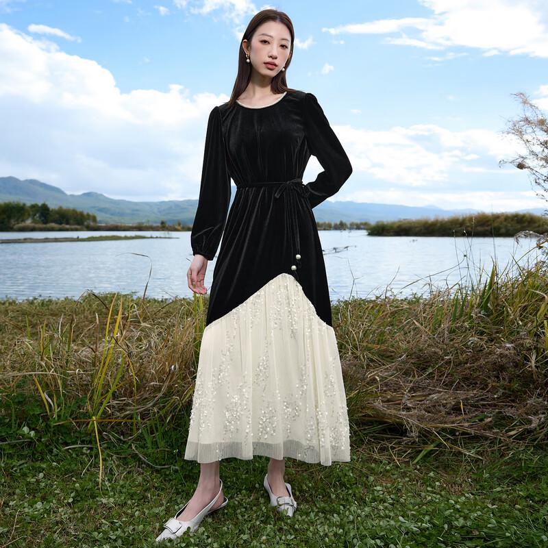 

Платье макси большого размера из бархата и сетки пэчворк XL