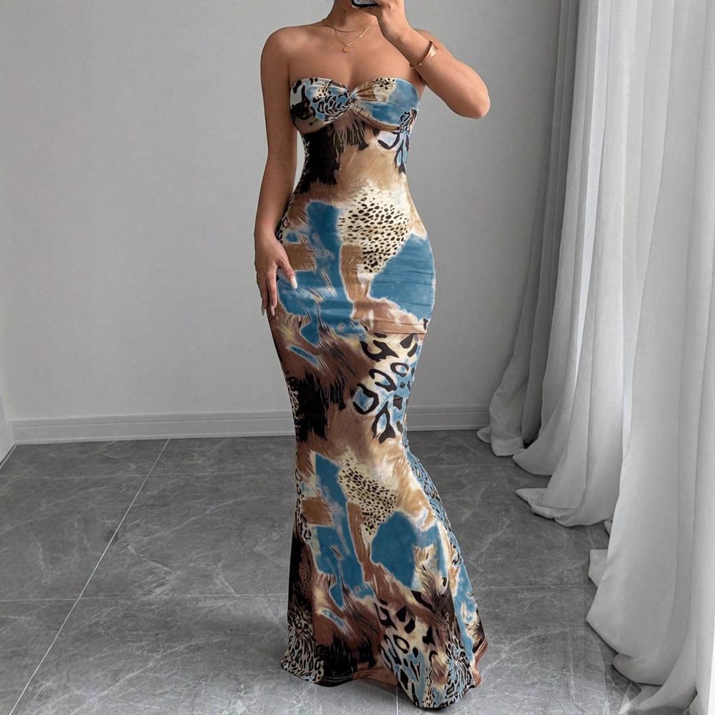 Summer New European and American Women's Clothing Sexy Tube Top Strap Backless Long Dress Fashionable Sexy Dress Women