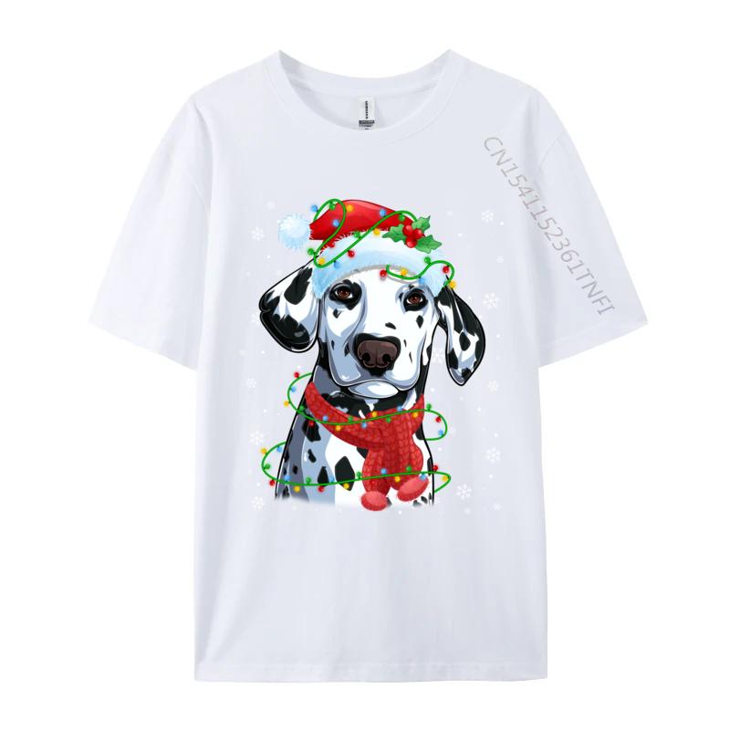 Christmas Lights Dalmatian Dog Santa Hat Scarf T-Shirts Dog Lovers T-Shirts Simple Style Top Quality Mens Tees
