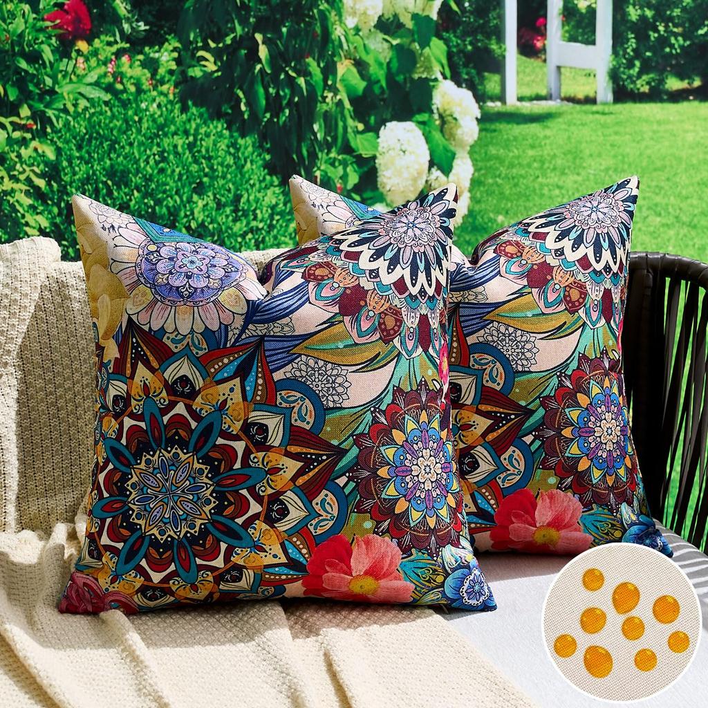 2 Pack Multicolor Boho Mandala Pillow Covers Double Sided Print Floral Ethnic Outdoor Cushion Cases Home Decor