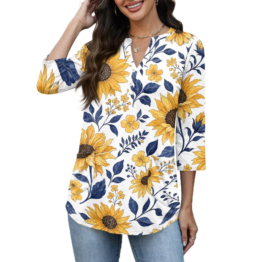 Women 3/4 Sleeve V Neck Henley Floral Print Pullover Casual T Shirt Top Lightweight Soft Fabric Comfortable Fit