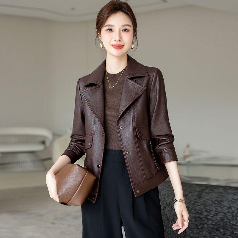 2025 Women’s Short Lambskin Leather Jacket - High-End, Long Sleeve, Turn-Down Collar, Petite Fit, Casual Spring/Autumn Outerwear