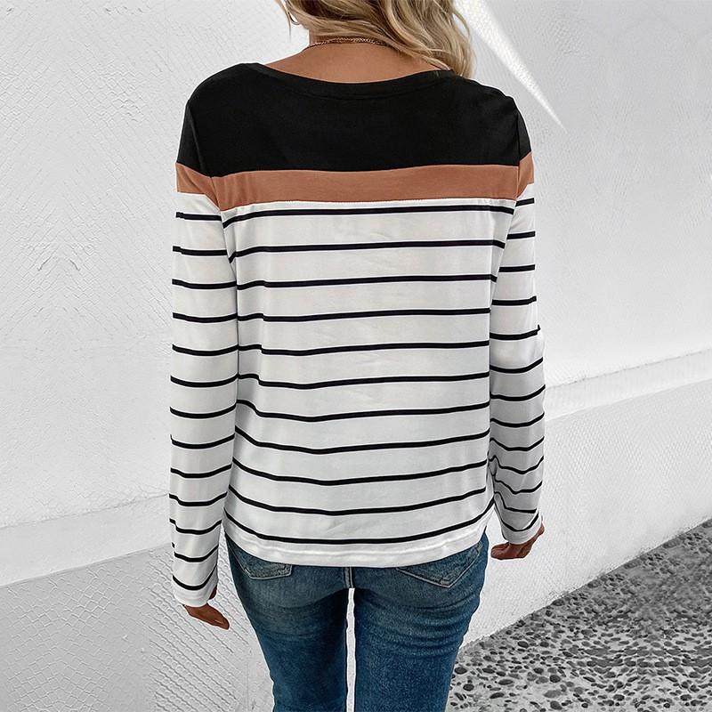 Womens Striped Long Sleeve T-Shirt Winter Casual Round Neck Pullover Top Milk Silk Fabric Slim Fit
