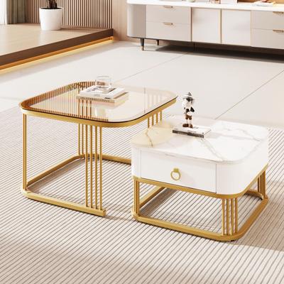 Quadratisch Couchtisch 2er Set, Hochglanz Wohnzimmertisch mit Marmoroptik und Glasplatte, Moderne Beistelltisch mit Stauraum, für Wohnzimmer, Balkon