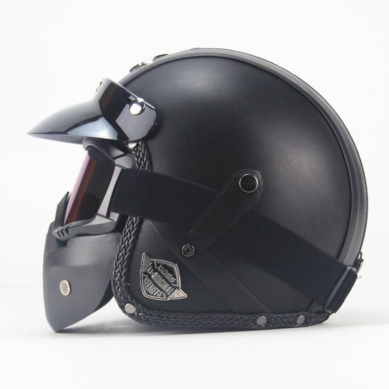 PU Leather Helmet 3/4 Motorcycle Chopper Bicycle Helmet Exposed Vintage Motorcycle Helmet & Goggles Mask Half Face Helmet