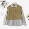 ZANZEA Women Casual Long Sleeve Stripe Print Patchwork Blouse