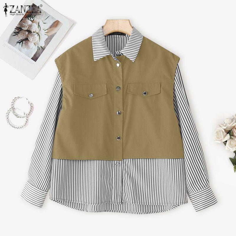 ZANZEA Women Casual Long Sleeve Stripe Print Patchwork Blouse