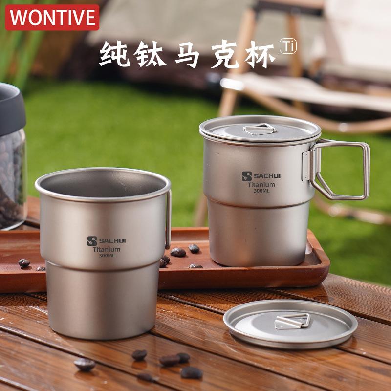 1pc Tiartsian Pure Titanium 300ml Coffee Cup Outdoor Camping Ultralight Portable Folding Handle Tea Water Mug Tableware