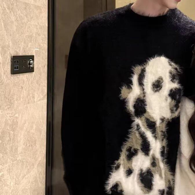 2026 Autumn and Winter Couples Wear Lazy Style Men's and Women's Imitation Mink Soft Waxy Round Neck Cartoon Pullover Knitted Sweater Tide