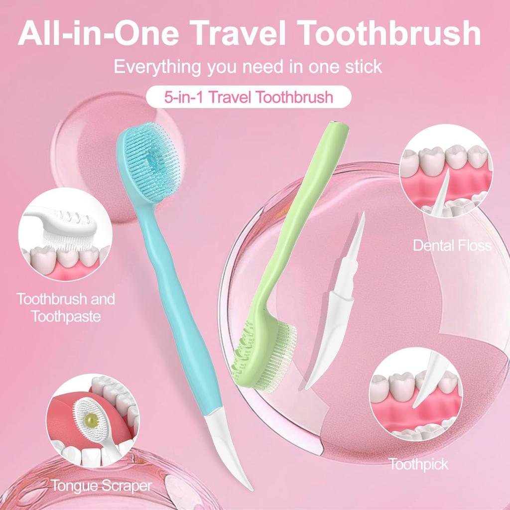 5-in-1 Portable Toothbrush with Tongue Cleaner & Double Toothpick (30-Pack)