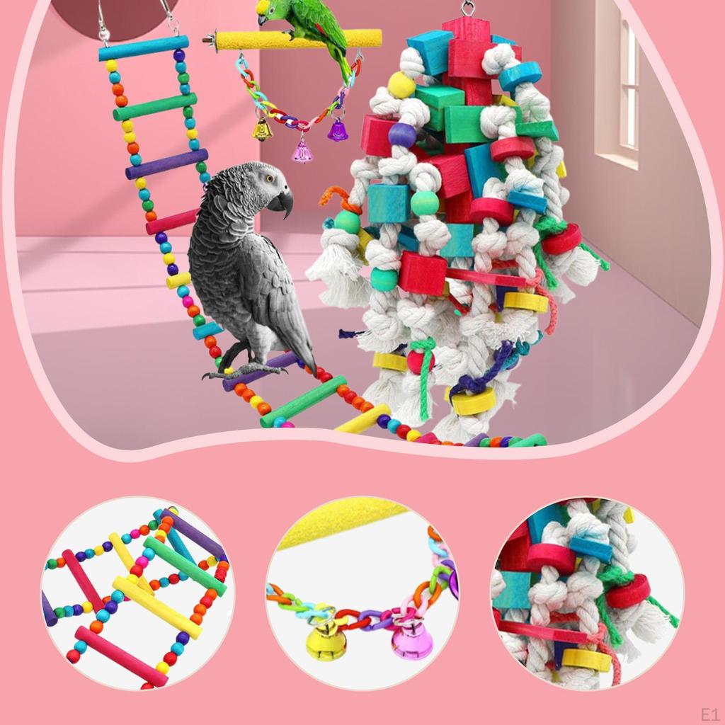 3x Bird Swing Toys Wooden Blocks Tearing, Colorful Hammock ,Parrot Perch Stand with Bells for
