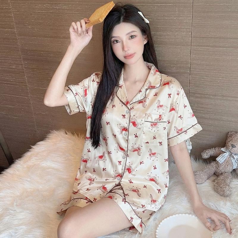 Ice Silk Summer Thin Short-Sleeved Two-Piece Set Girl Pajamas French Bow Pony Printed Loungewear Can Be Worn Outside