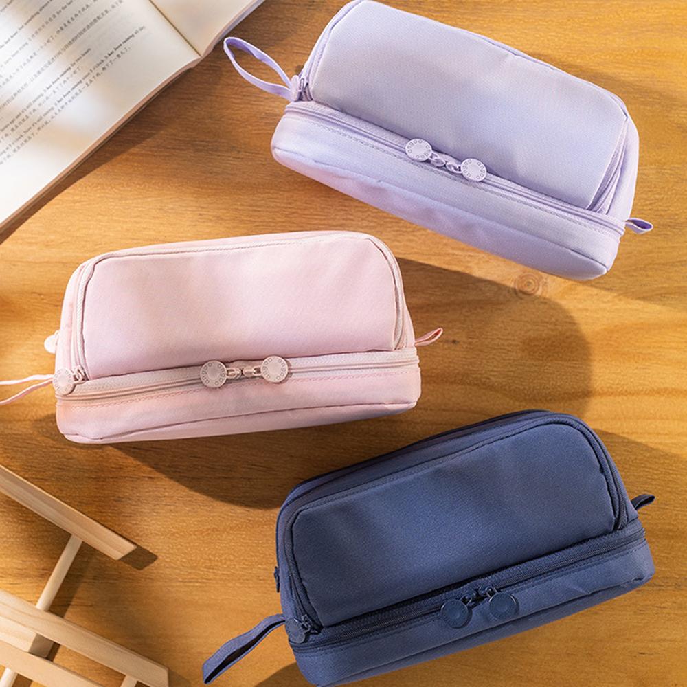 Large Capacity Pencil Case Simple Solid Color Stationery Box Double Layer Multifunctional Pen Pouch Students School Supplies