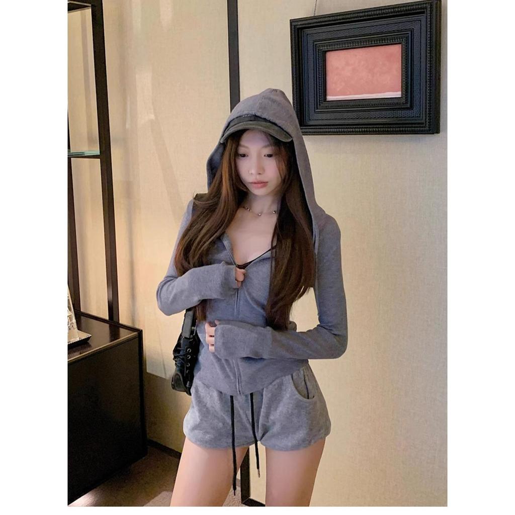 Women's Gray Spicy Girl Long-Sleeve Zippered Fishbone Slim Fit Autumn Base Layer Top