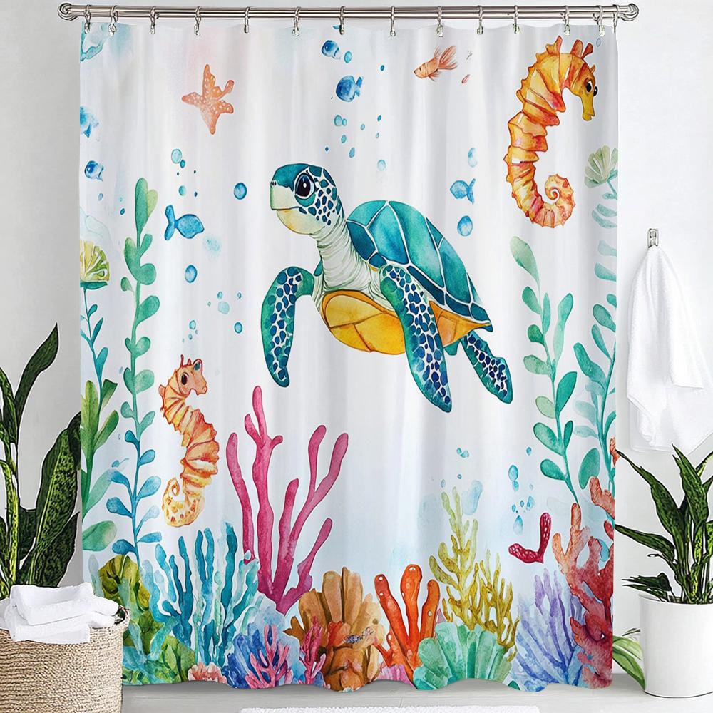 1pc Sea Turtle Print Waterproof Shower Curtain,Beach Coastal Ocean Turtle Starfish Partition Privacy Hanging Curtain with Hooks