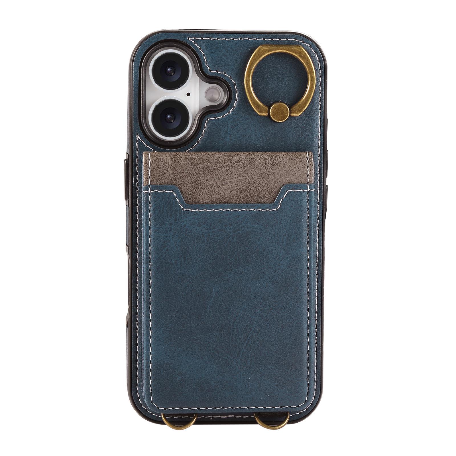 

Apple iPhone 17 Pro Max Card Holder Case with Calfskin Texture & Color Block Design iPhone 16 синій