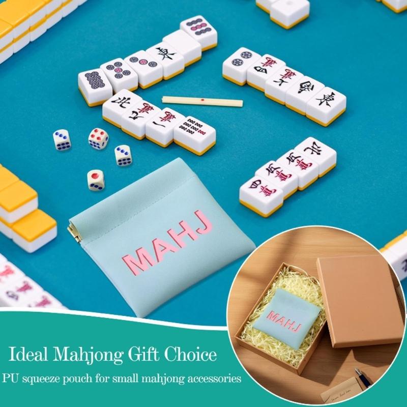 PU Leather Mahjong Score Card Pouch with Auto-Close Spring Frame, Small Storage Case for Home Table Use and Travel