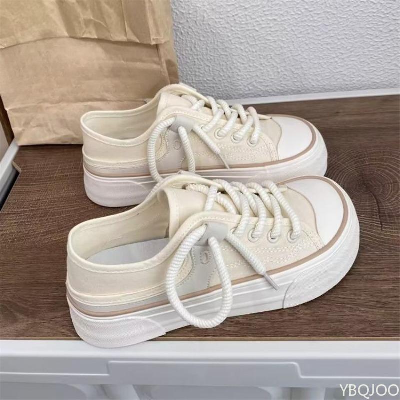 Fashion Spring fashion lace up white casual anti slip thick soled canvas shoes new niche round toe comfortable cute women's shoes