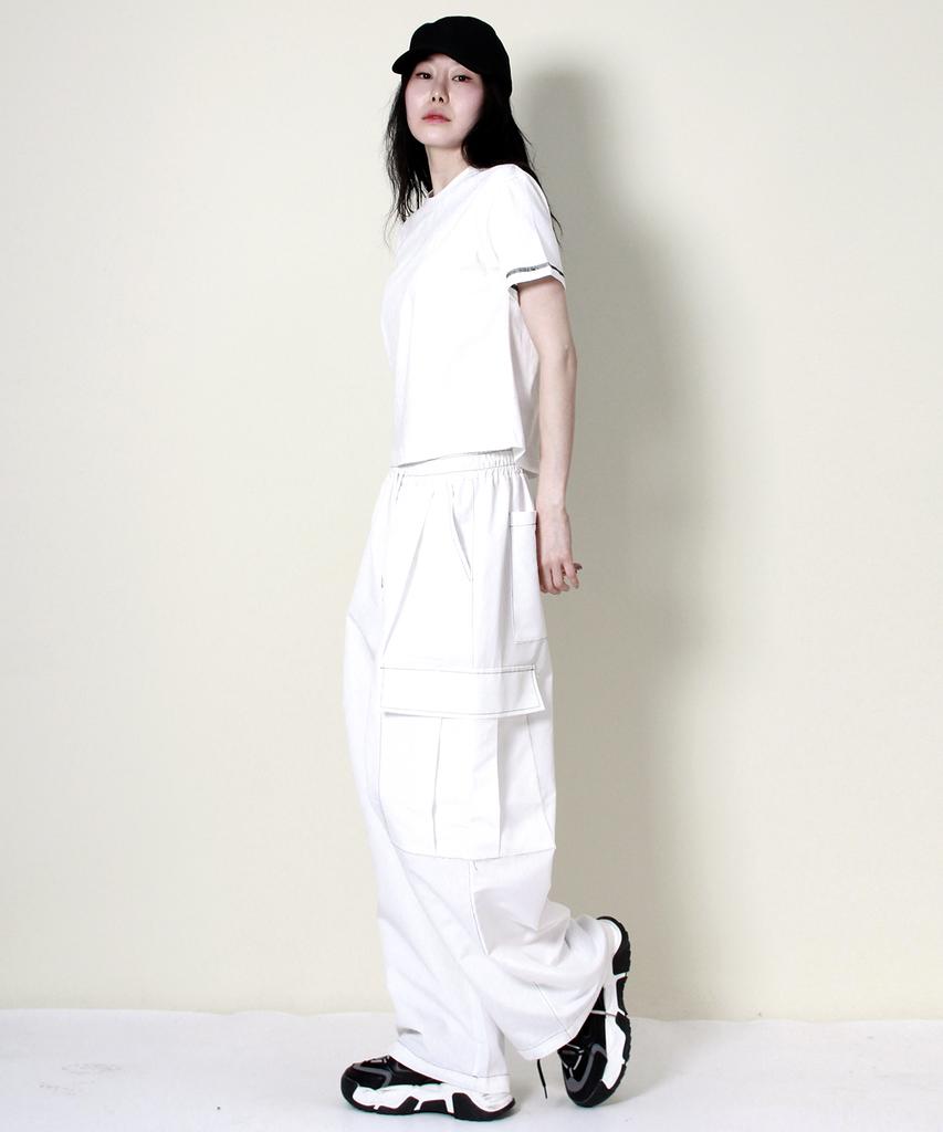 Deumakeu Real Street Wide Contrast Stitch Cargo Track Pants White