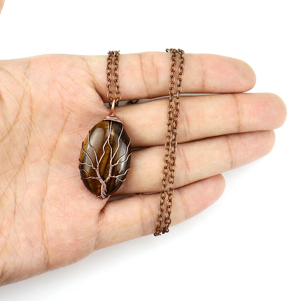 Natural Crystal Rough Stone Hand-Wound Egg-Shaped Tree Of Life Pendant Necklace N645