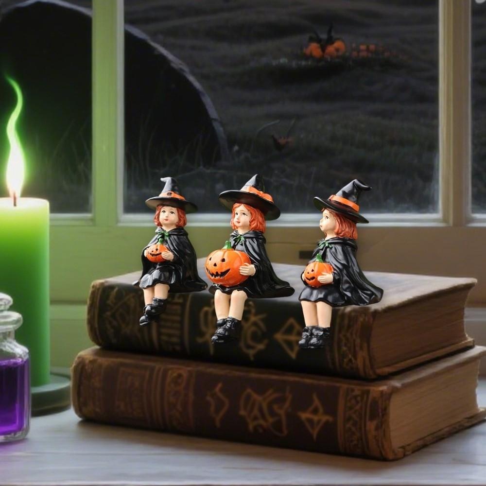3pcs Funny Cute Witch Holding Pumpkin Statue Handmade Resin Crafts Halloween Statue Decoration Pumpkin Witch Figurine Bookshelf
