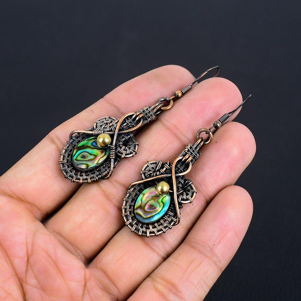 Abalone Shell 999 Copper Wire Wrapped Earrings, Handmade Gemstone Earrings Jewelry, Gifts For Wife Brand New Earrings