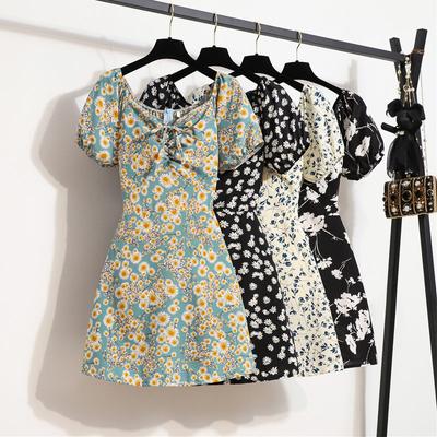 Women's Fashion Summer Spring Floral Print Short Sleeve V-Neck High Waist Casual Dresses