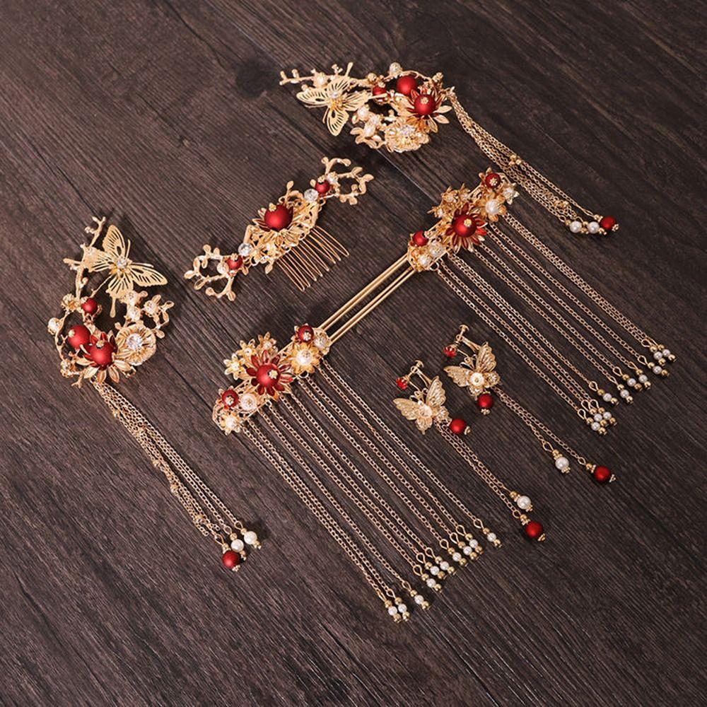 Pearl Butterfly Tassel Flower Earrings Hair Stick Chinese Style Crown Bridal Wedding Jewelry Set