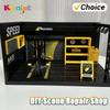 Alloy 1/24 Car Model Diy Scene Repair Shop With Lights Toy Building Model Display Acrylic Ornament Collection Toys For Boy Gift