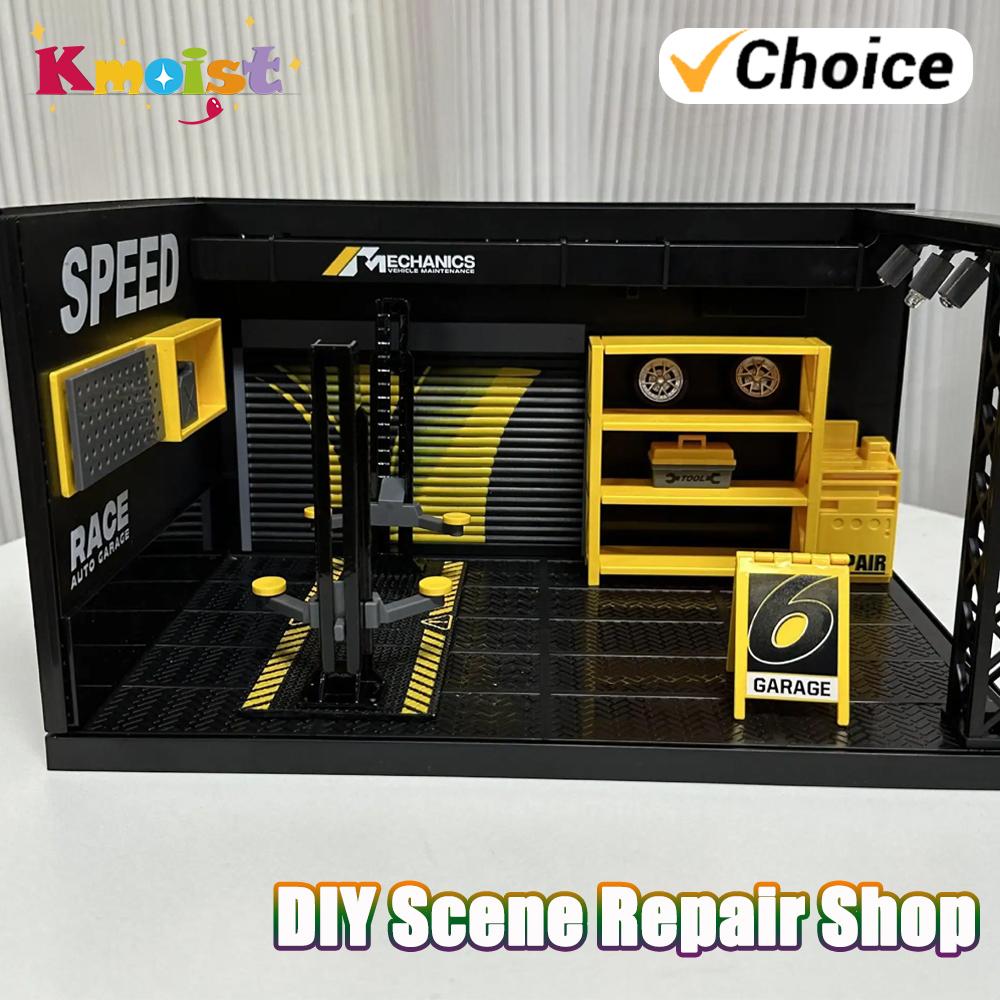 Alloy 1/24 Car Model Diy Scene Repair Shop With Lights Toy Building Model Display Acrylic Ornament Collection Toys For Boy Gift