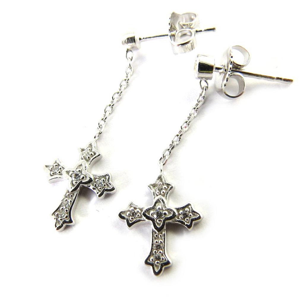 Altesse [M5892] - White 'Gothic Cross' Silver Earrings