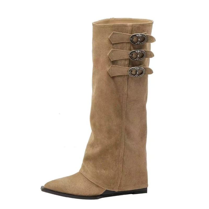 2026 Winter No Knee Long Pointed Pants with Belt Buckle and White Slope Heel Knight Boots