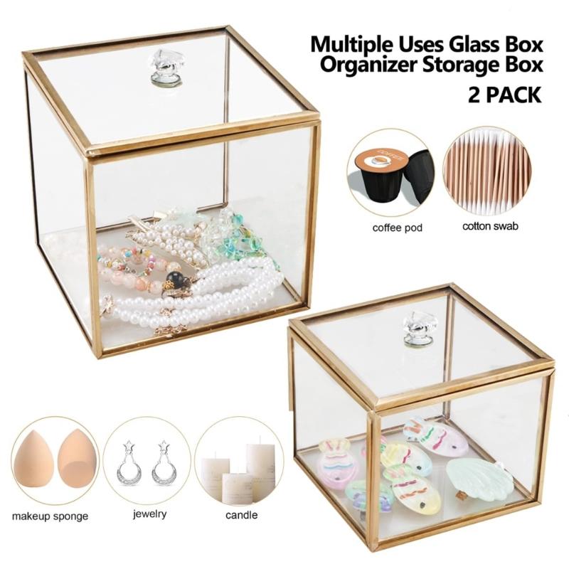Elegant Glasbomullspinne Förvaringslåda Med Guldaccent Dammtät Transparent Organiserare För Badrum Och Heminredning