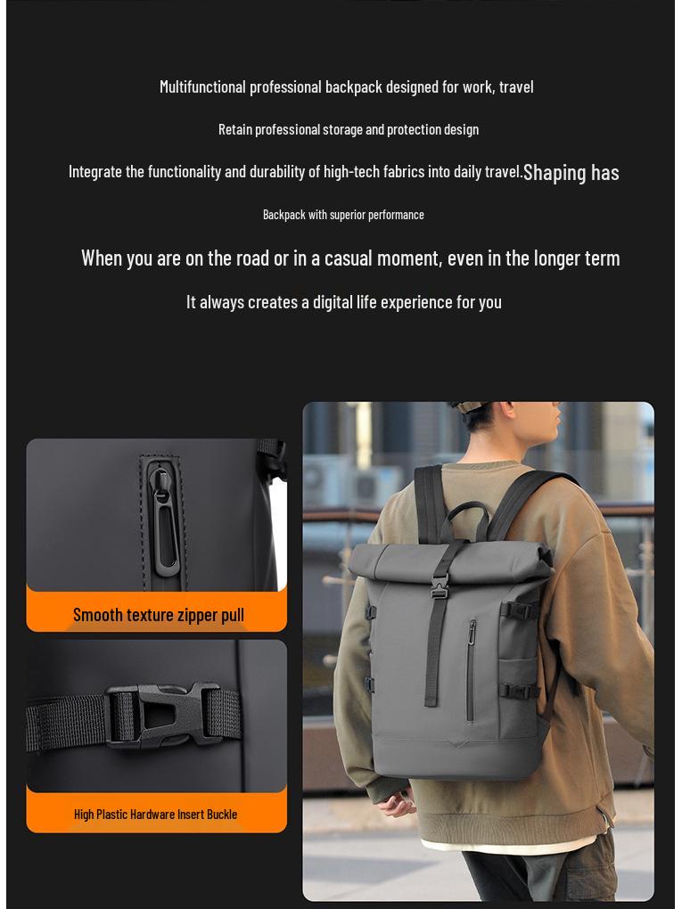 Men's Fashionable Roll-Up Backpack, Large Capacity Travel & Laptop Bag, Schoolbag for College Students