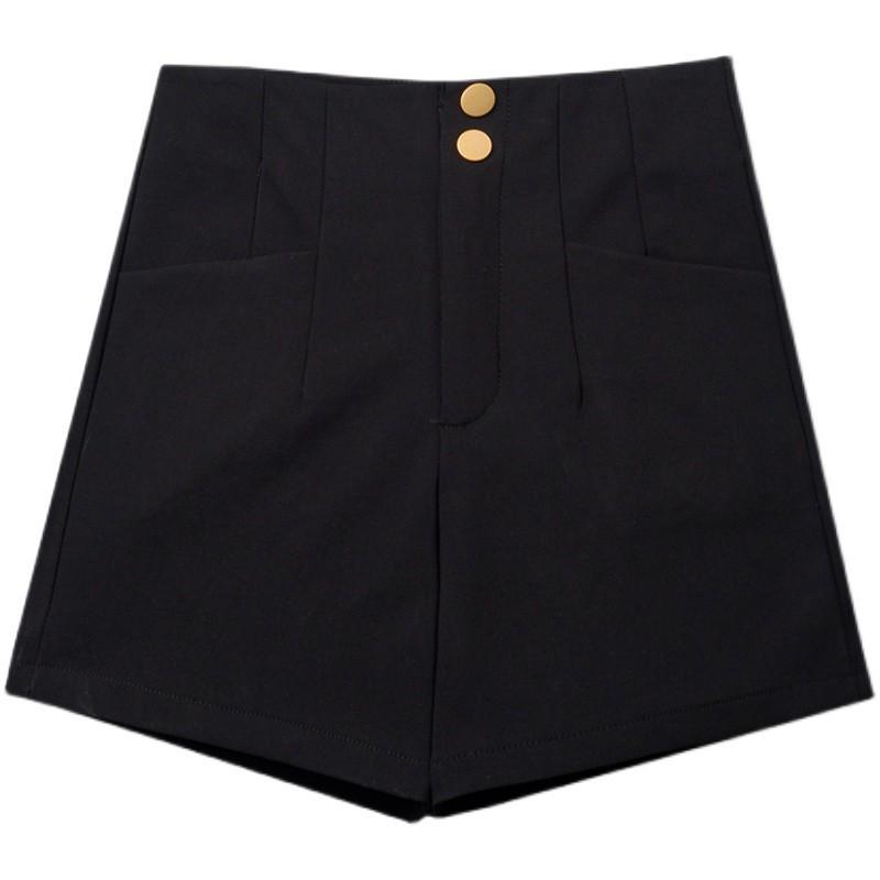 

Женские шорты с высокой талией, черные, эластичные, для ягодиц - Осень/Зима, А-силуэт, широкие штанины 4XL