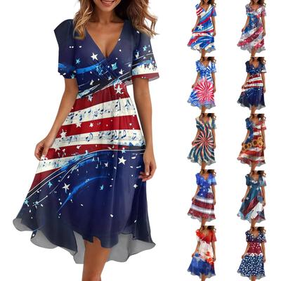 Women's Loose Casual  V-Neck Flared Skirt Short Sleeved Printed Dress Printed Dress