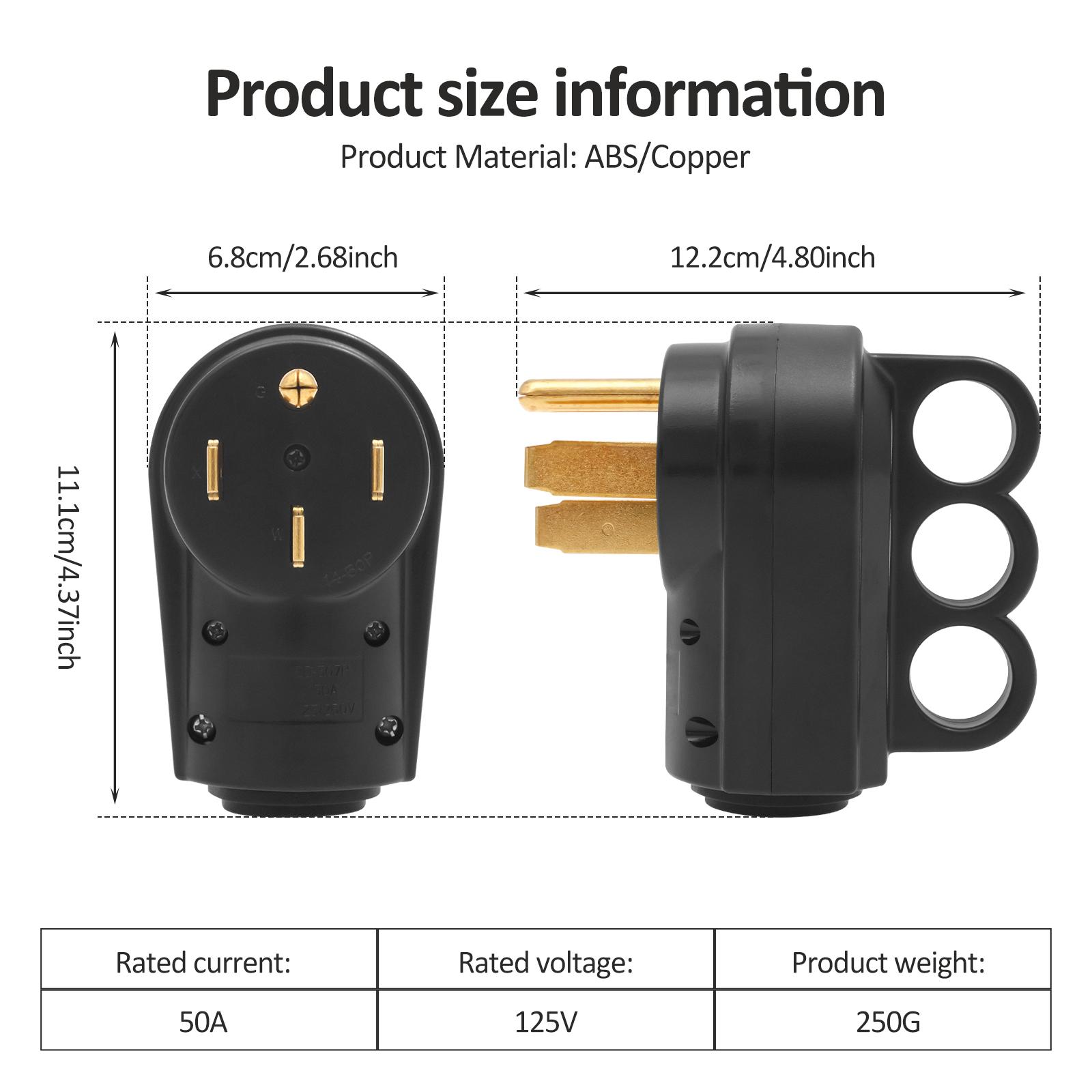 

50Amp RV Plug Male Replacement NEMA 14-50P 125V 4 Prong Electrical Power Connector Extension Cord End with Easy to Grip Handle