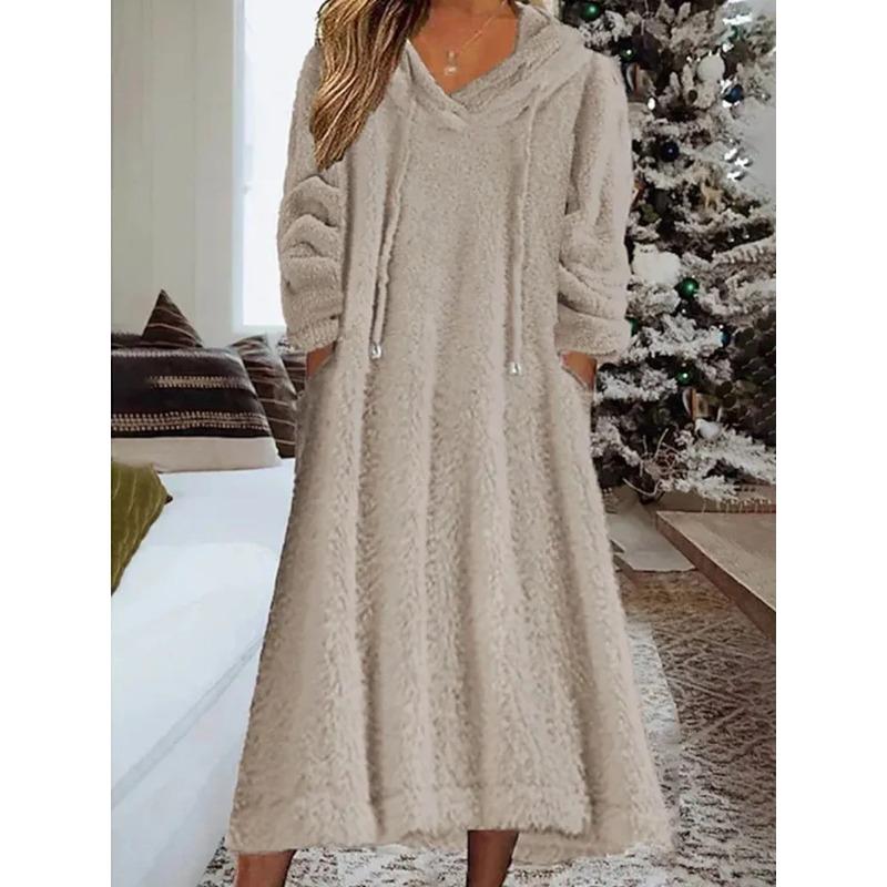 New Autumn Winter Casual Plush Hooded Long Sleeve Dress For Women Warm Home Wear Everyday Comfort Loose Maxi Dresses Robe Femme