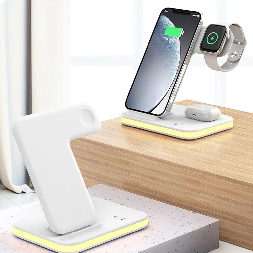 E6 4-in-1 15W Wireless Charger Phone Watch Earphone Charging Stand Night Light