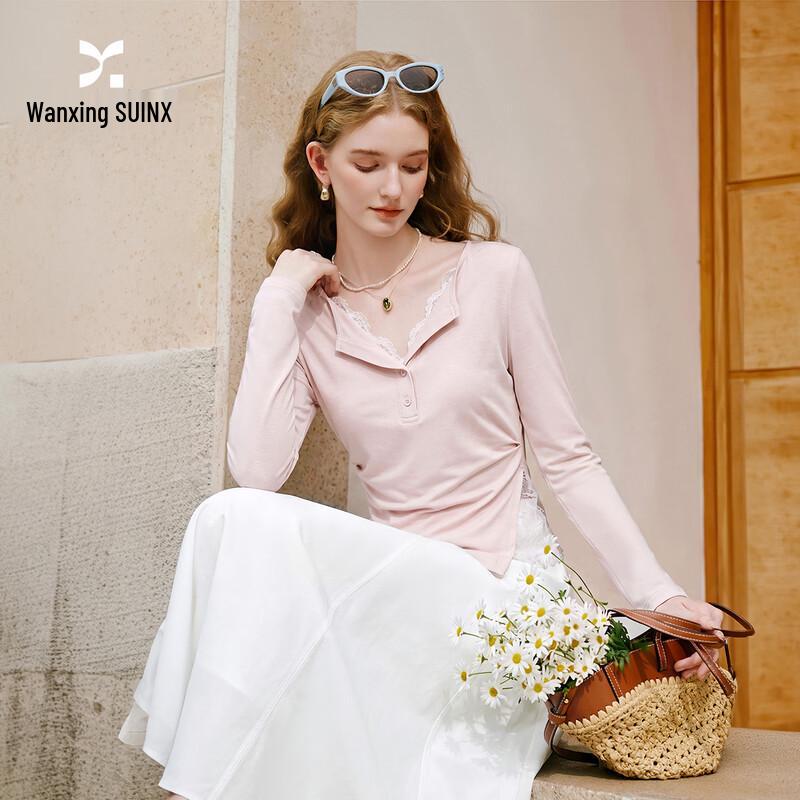 Xiangying Women s Pink Slim-Fit Lace V-Neck Long Sleeve Top M