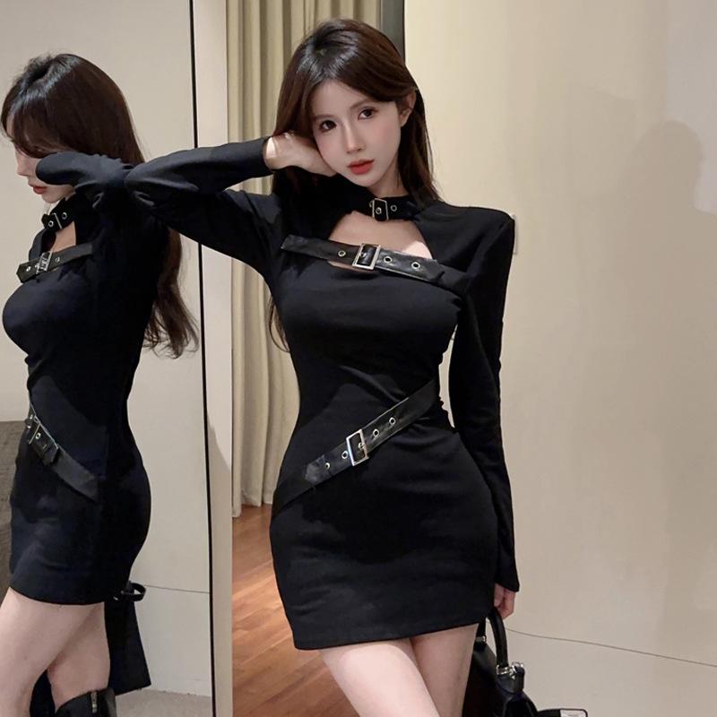 

2025 Женский Дизайн Sense Spice Girl Пояс Сращивание Обтягивающее Платье Женщины S чёрный