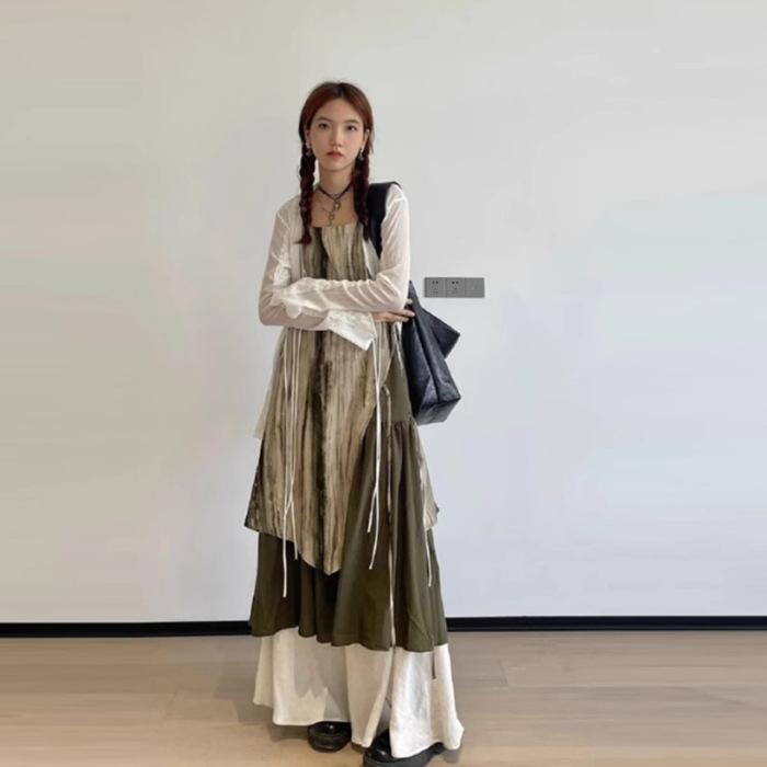 Tie-dye style fake two-piece suspender dress women s summer new design loose and thin dress S