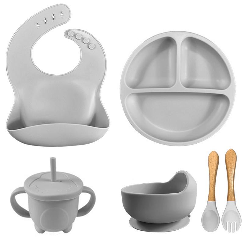 6PCS Baby Plates Children's Feeding Soft Silicone Bowl Plate Cup Bibs Spoon Fork Set Non-Slip Cartoon Dishes For Kids BPA Free