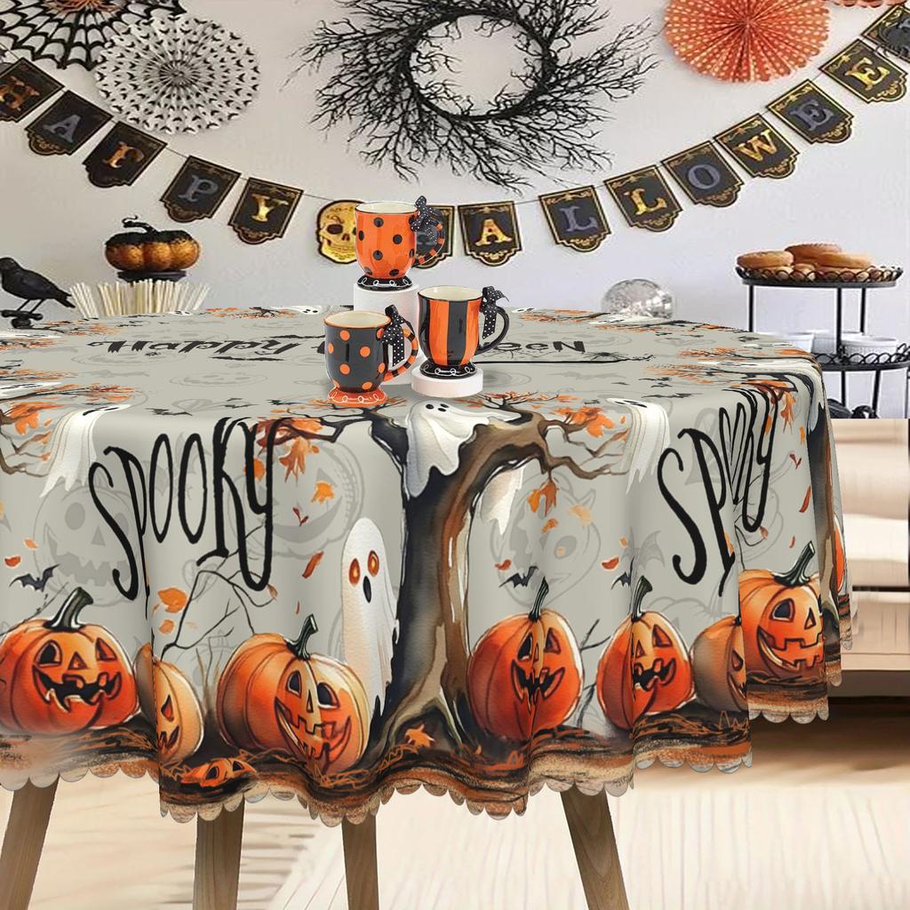 Halloween Themed Tablecloth, Round, Orange Pumpkin Ghost Bat Pattern, Halloween Party Table Cloth